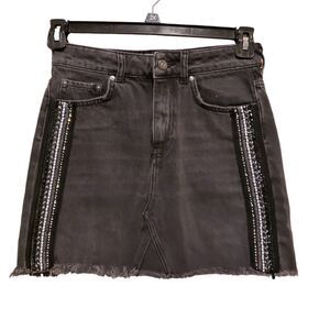 Free People Embellished Side Stripe Cutoff Denim Jean Miniskirt SZ 2 Black